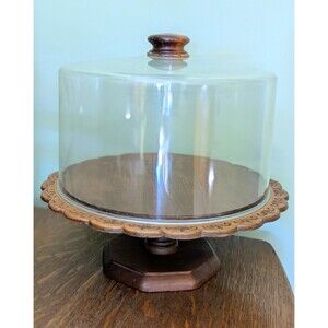 Vintage Wooden Carved Ornate Pedestal Cake Dessert Display Stand W/Acrylic Lid